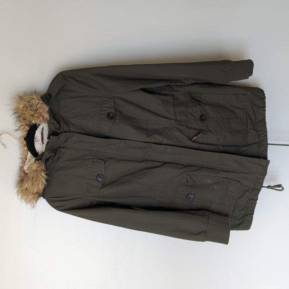 Levi's Sherpa‎ Lined Faux Fur Hooded Olive Green Coat S - Picture 1 of 10